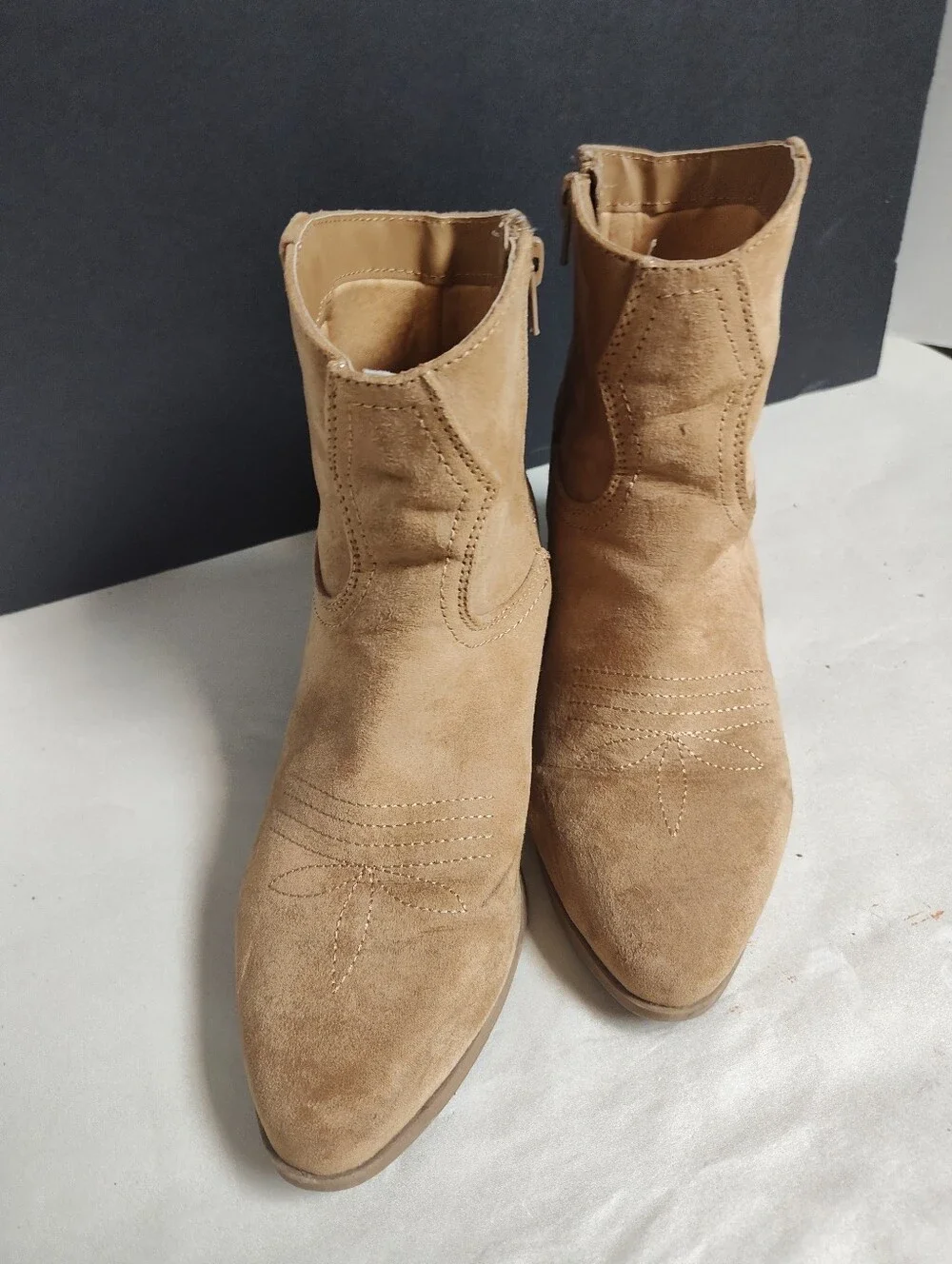 Qupid Tan Faux Suede Women's Ankle Boots - Stylish Western-Inspired Booties